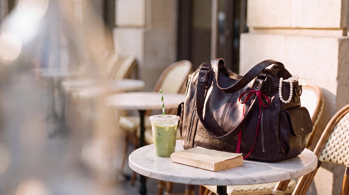 the margot bag in coffee brown on a marble café table with an iced matcha, a paperback and pearls