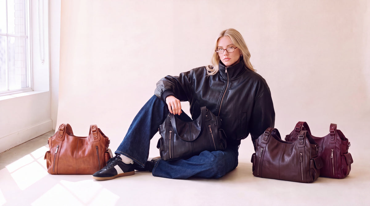 girl in a black leather bomber sitting with the margot bag in black, windsor tan, coffee and burgundy