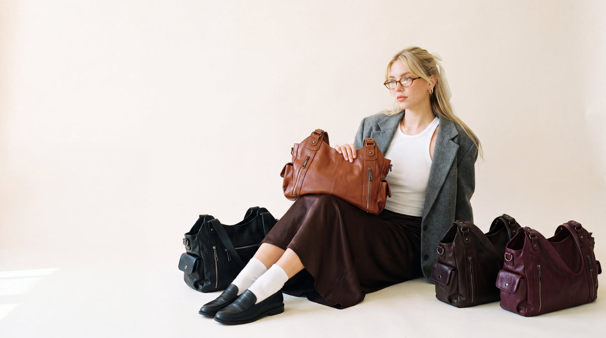 girl sitting with the margot bag in black, windsor tan, coffee and burgundy